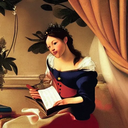 Image similar to Disney Princess reading a book. Painted by Caravaggio, high detail