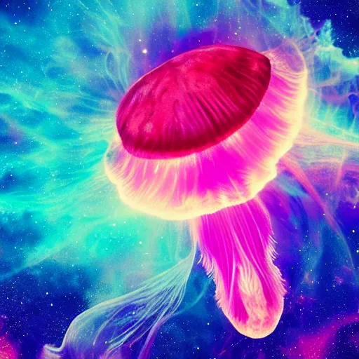 Prompt: psychedelic lions mane jellyfish swimming through space, colorful, nebula, concept art, universe, cinematic, 8 k,