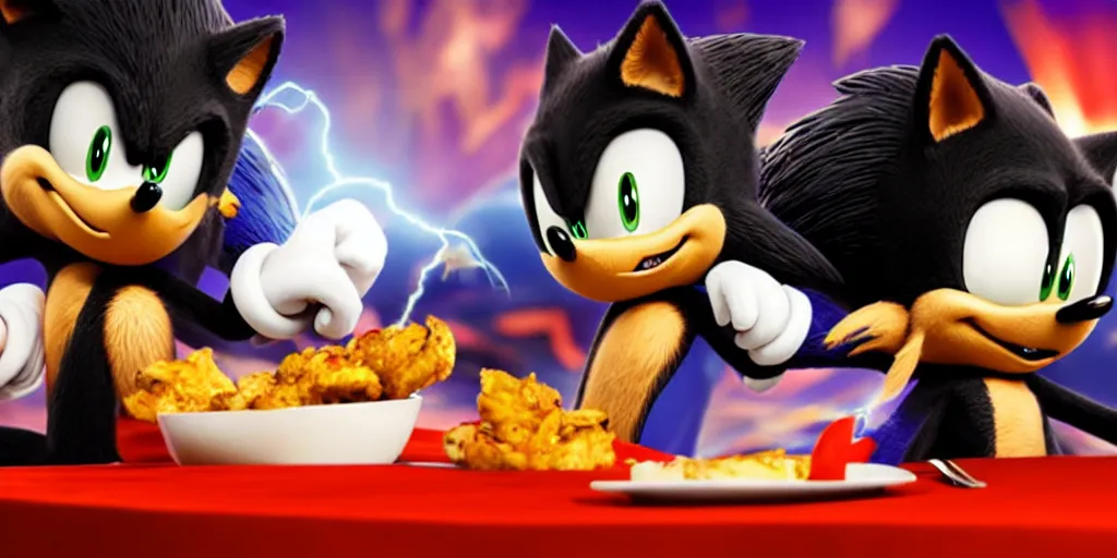 Image similar to A render of Sonic the Hedgehog sitting across from Shadow the Hedgehog in a dark restaurant, Sonic looks like he is shocked, Shadow is looking away in disgust, they both have hamburgers in front of them on a plate, movie, HDR, moody lighting, unique camera angle from the end of the table and between the two of them, orange candle lighting is glowing on their faces, romantic scene