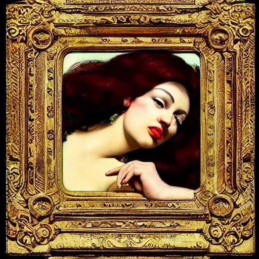 Image similar to reclining on bed, hybrid of judy garland and nicki minaj, aged 2 5, brown fringe, huge downslanted eds eyes, large full lips, wide shot, yellow ochre ornate medieval dress, john william waterhouse, kilian eng, rosetti, john everett millais, william holman hunt, william morris, 4 k