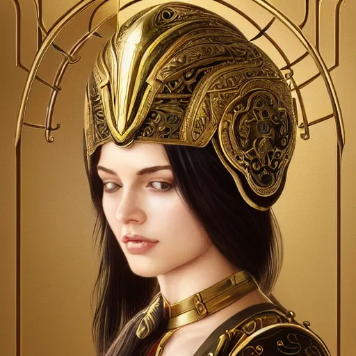 Image similar to an attractive young female wearing an ornate metallic helmet, holly pears, olive skin, long dark hair, beautiful bone structure, intricate, elegant, highly detailed, digital painting, artstation, concept art, smooth, sharp focus, illustration, art by artgerm and greg rutkowski and alphonse mucha