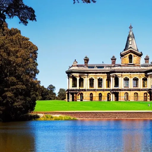 Image similar to photograph of a grand victorian college building in the countryside by a large lake. detailed architecture, realistic, well lit and blue sky.