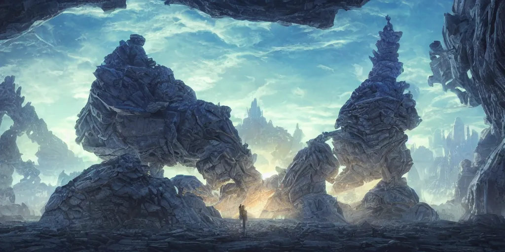 Image similar to hyperrealistic mixed media depiction of acroyear from the micronauts facing colossal stone temple with its top in a night sky crackling energy, upward angle, stunning 3d render inspired art by Michael Golden and Andreas Rocha and Johanna Rupprecht and Butch Guice + symmetry + natural volumetric lighting, 8k octane beautifully detailed render, post-processing, extremely hyperdetailed, intricate complexity, epic composition, mystical foreboding atmosphere, cinematic lighting + masterpiece, trending on artstation