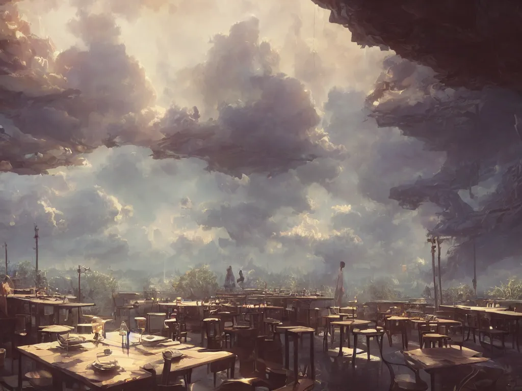 Image similar to cafe made of clouds, fantasy, artwork, aesthetic, calming, hd, hdr, ue5, ue6, unreal engine 5, cinematic, 4k wallpaper, 8k ultra, by Greg Rutkowski and Jesper Ejsing and Raymond Swanland and alena aenami, featured on artstation, wide angle