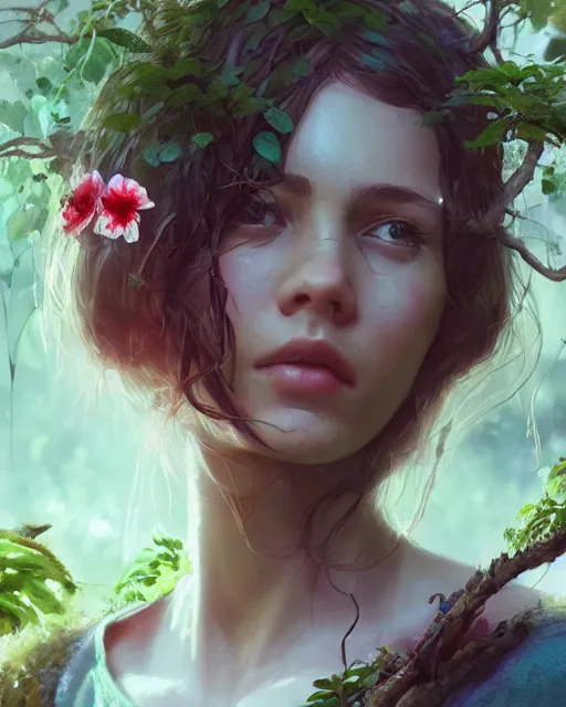 Image similar to a beautiful girl is taking care of the garden in a beautiful and varied vegetation dream garden with quality pruning shears, artstation greg rutkowski, cinematic, hyperrealist, beautiful face and features, the most beautiful girl digital art, light essential calm quality wlop projection render