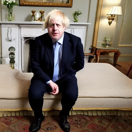 Image similar to boris johnson looking depressed while wearing a maid dress