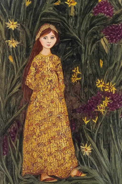 Prompt: girl waer detailed golden arabesque dress with a lot of narcissus in persian pot, miniature painting