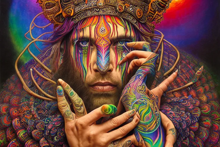 Prompt: psychedelic shaman, rainbow, wearing shipibo tattoos, inside an epic, ancient temple, ayami kojima, greg hildebrandt, mark ryden, hauntingly surreal, eerie vibrating color palette of charlie immer, highly detailed painting by, jenny saville, soft light 4 k