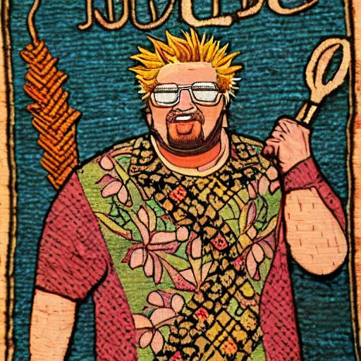 Image similar to Medieval Tapestry artwork of Guy Fieri wearing a hawaiian shirt, cloth texture, highly detailed and intricate