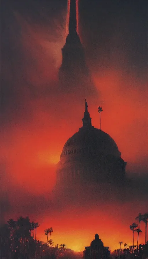 Prompt: donald trump's face close up on the apocalypse now poster, red sunset, capitol building, washington dc, black helicopters, air brush, oil paint, radiant light, caustics, heroic, bright iridescent light, by gaston bussiere, by bayard wu, by greg rutkowski, by maxim verehin