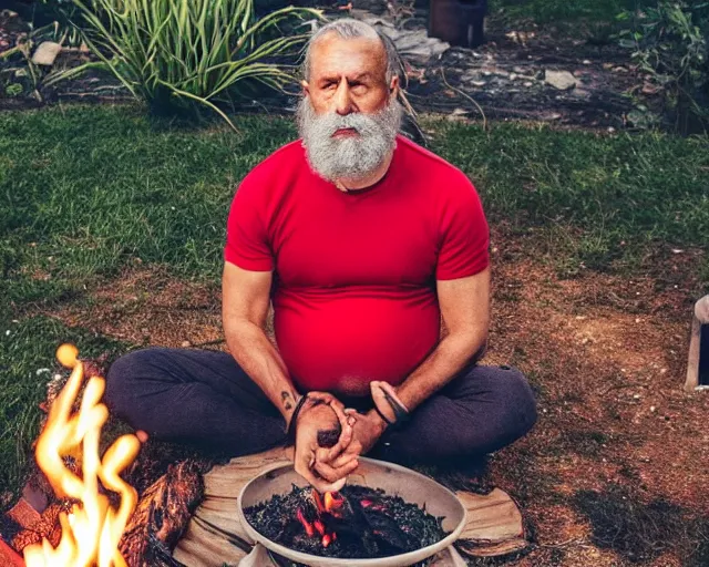 Image similar to mr robert smoke weed and meditate near the campfire in the garden, he has dark grey hairs, detailed glad face, muscular chest, pregnant belly, golden hour closeup photo, red elegant shirt, eyes wide open, ymmm and that smell