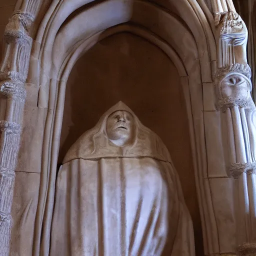 Prompt: the sarcophagus of the medieval king danny devito, carved in alabaster, church interior, hd