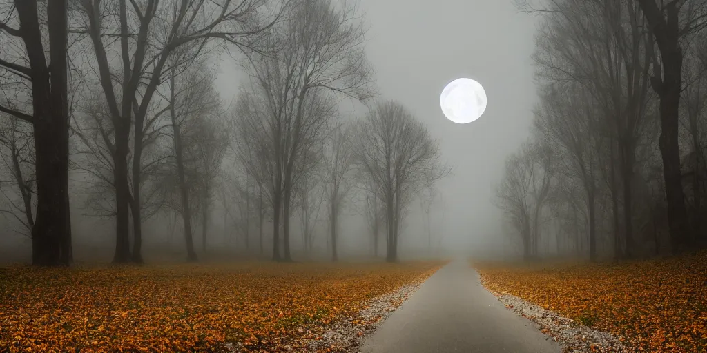 Image similar to road between tall trees in right corner, dark night, fog, cold light, moon