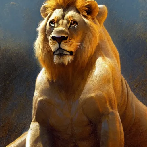 Prompt: a large lion wearing a big collar around its neck, soft lighting, highly detailed face!!, sharp focus, artstation, by gaston bussiere, j. c. leyendecker, craig mullins