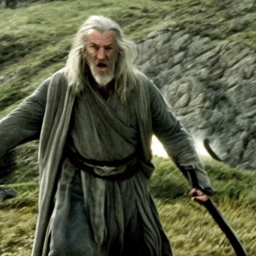 Image similar to Liam Neeson as Gandalf in the fellowship of the ring action sequence battle at Minas Tirith