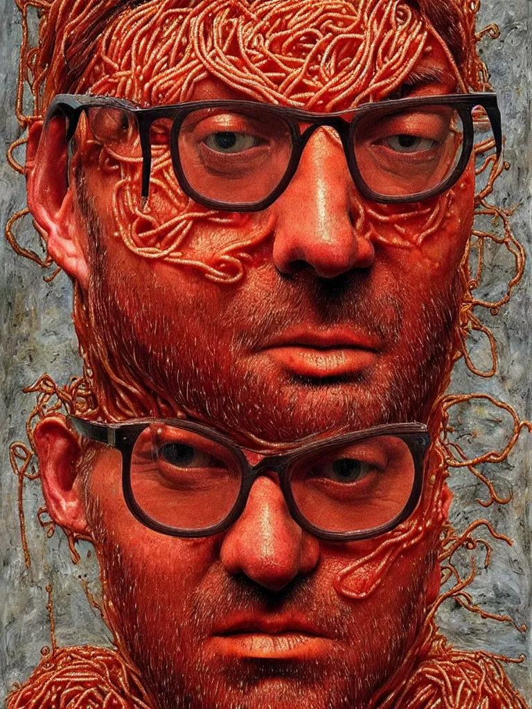 Prompt: jurgen klopp made of spaghetti and tomato sauce, by giuseppe arcimboldo and ambrosius benson, renaissance, intricate and intense oil paint, a touch of beksinski and hr giger and edward munch, realistic