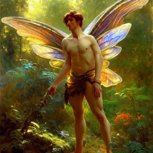 Image similar to attractive male fairy with wings in the forest, posing. highly detailed painting by gaston bussiere, craig mullins, j. c. leyendecker, 8 k