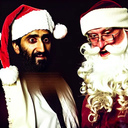 Image similar to uhd candid photo of bin laden and santa claus on skid row, making a dirty bomb. correct faces, studio lighting, intricate details, hyperdetailed, accurate faces. photo by annie leibowitz