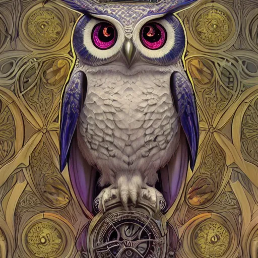 Image similar to cute owl, organic, epic, baroque art nouveau, manga, james jean, mucha, yoshitaka amano, photorealistic rendering, 3 ds max + v - ray, extremely detailed and complex, center composition, elegant, vfx, unreal engine 5, octane rendering, very contrasting, very sharp lines