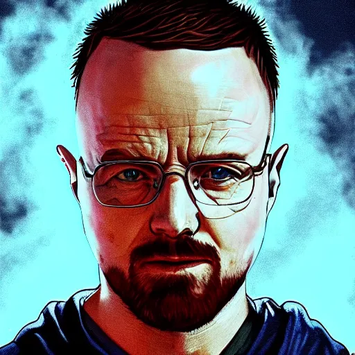 Prompt: breaking bad's jesse pinkman's head coming out of a meth blue mist, trending on artstation, profile pic, centered, accurate anatomy, highly detailed, digital art,