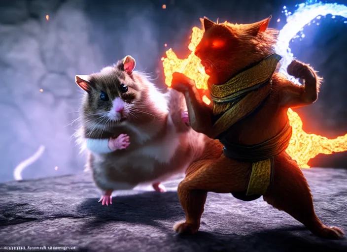 Image similar to hamster fights a cat in mortal kombat at a volcano with shao khan cheering in the background. fantasy magic style. highly detailed 8 k. intricate. lifelike. soft light. sony a 7 r iv 5 5 mm. unreal engine with nanite and path tracing