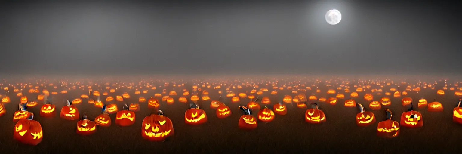 Prompt: A field of scary Halloween pumpkins with eyes looking straight into camera, full moon lighting, foggy November atmosphere, cinematic lighting, photo realistic image, 4K, unreal engine, super detailed, cinematic look