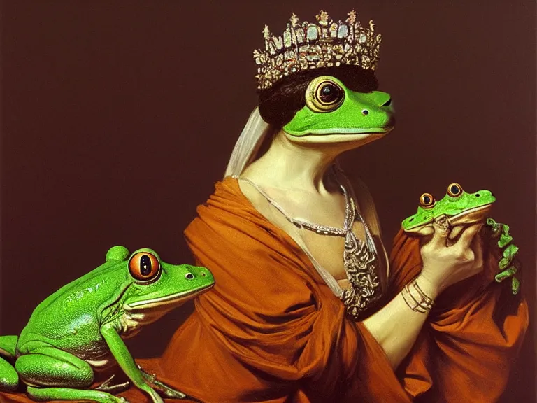 Image similar to a painting of the queen of england as a frog by beksinski carl spitzweg and tuomas korpi. baroque elements. baroque element. intricate artwork by caravaggio. Oil painting. Trending on artstation. 8k