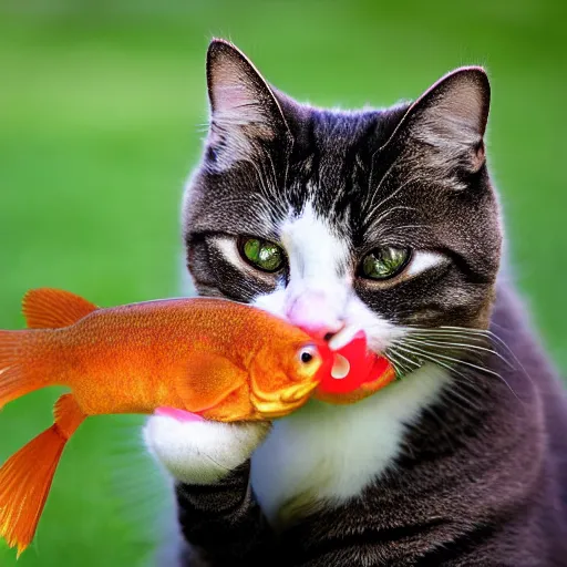 Prompt: cat holding fish in his mouth