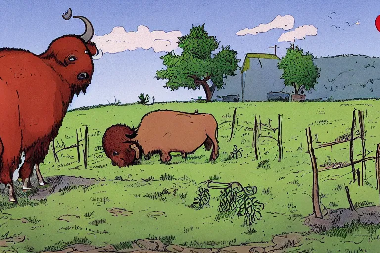 Prompt: a detailed illustration of a buffalo drinking red wine in a vineyard by a barn. by bill watterson and bob ringwood