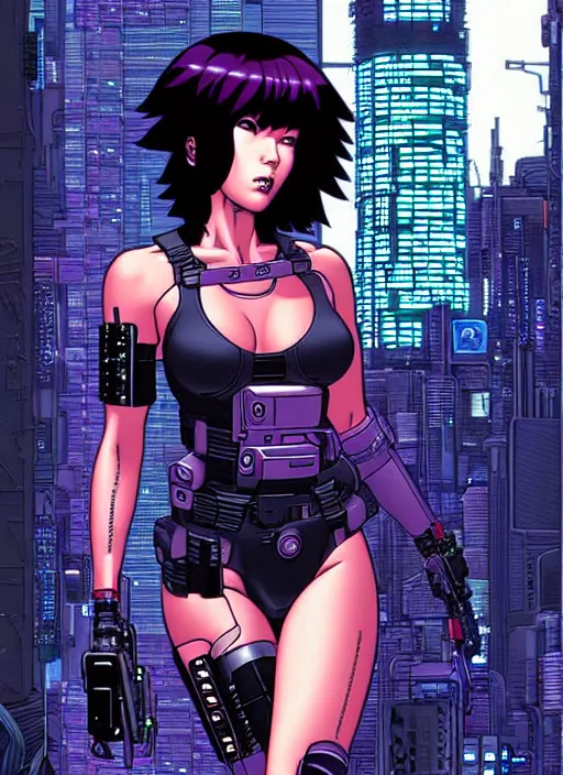 Image similar to motoko kusanagi in grungy cyberpunk megacity, intricate and finely detailed, cyberpunk vaporwave, portrait by j scott campbell, phil jimenez, ilya kuvshinov