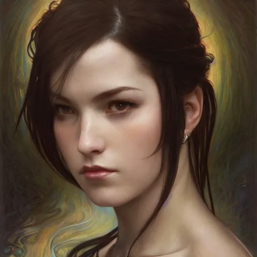 Prompt: Masterpiece head and shoulders Portrait of Tifa Lockheart drawn by Donato Giancola and Tom Bagshaw, face by Artgerm, overall design by Alphonse Mucha, background by James Jean and Gustav Klimt, light by Julie Bell, 4k, porcelain skin, komorebi, french nouveau, trending on artstation, octane render, hyperrealistic