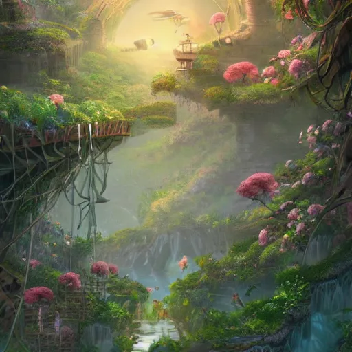 Image similar to a beautiful nature civilization, fancy, flowers, bridges, nature city, people, tree houses, trending on artstation, behance, deviantart