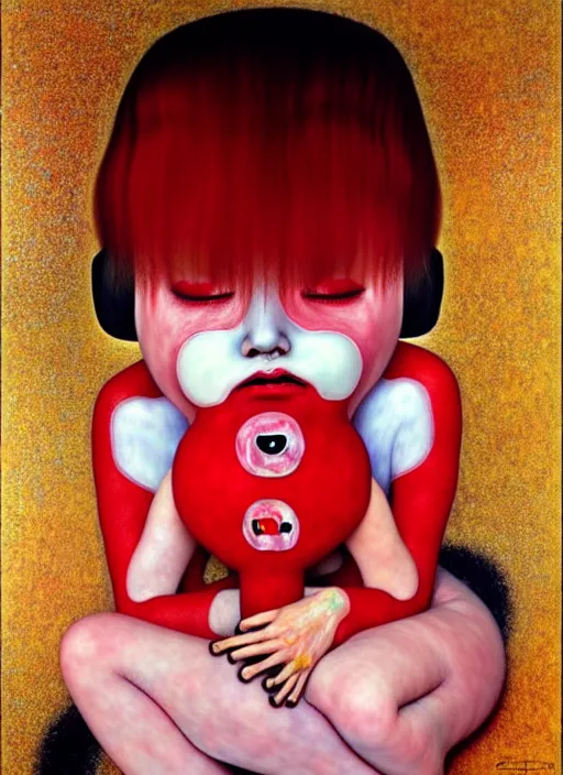 Prompt: a dramatic emotional hyperrealistic pop surrealist oil panting of a sad sobbing grotesque kawaii vocaloid figurine caricature sobbing red in the face uglycrying with tears and snot featured on doom 2 0 1 6 by gustave klimt made of badballs, 😭🤮 💔