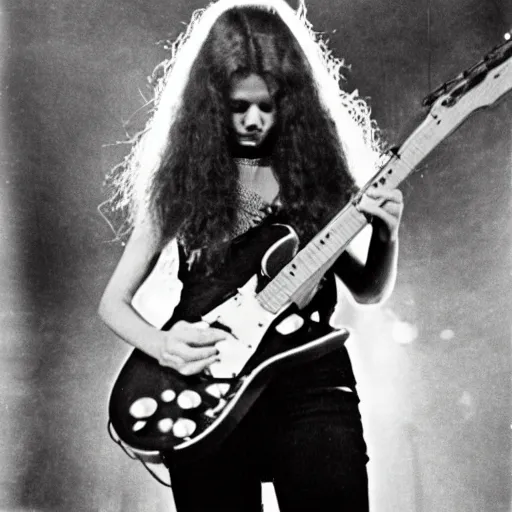 Prompt: 19-year-old woman holding electric guitar, long shaggy red hair, permed hair, stoner rock concert, proto-metal concert, 1973, 8mm photography