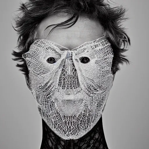 Image similar to a portrait of a beautiful young male wearing an alexander mcqueen bodysuit made of spiderweb lace , photographed by andrew thomas huang, artistic