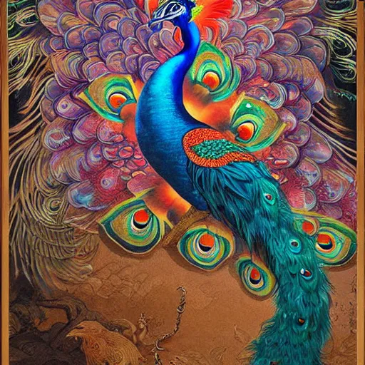 Prompt: Sublime Peacock Graffiti thangka by Hiroshi Yoshida, James Jean, Peter Mohrbacher and Caravaggio