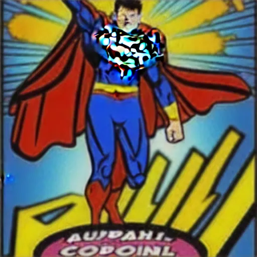 Image similar to a comic book super hero who is just really good at pinball and throws pinball machines he has a long cape his left hand is missing and instead is a launcher from a pinball machine, 4k, highly detailed, heroic pose, graphic novel, bright colors, dark lines