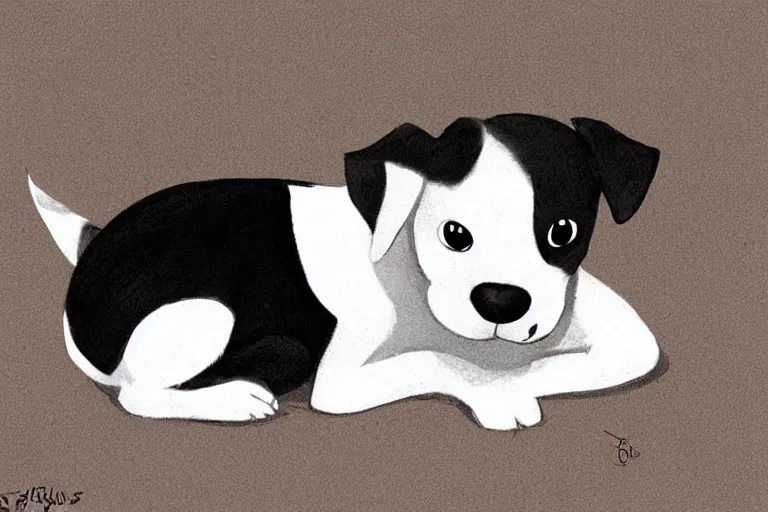 Prompt: cute black and white jack russel terrier laying on dog bed, large round eyes, concept art, game art, character design, fantasy illustration, sketch by cory loftis and bill schwab