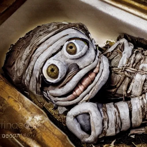 Prompt: photograph of a disgusting decomposing minion mummy lying in its sarcophagus, highly detailed