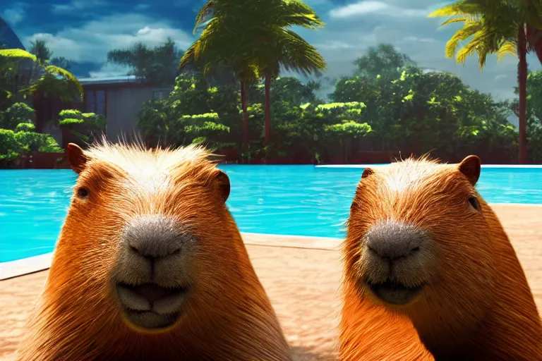 Prompt: a photo of 8k a cute capybara relaxing at the pool, cinematic lighting, trending on artstation, 4k, hyperrealistic, focused, extreme details, unreal engine 5, cinematic, masterpiece