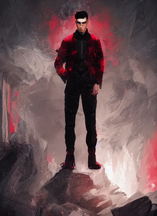 Prompt: An epic fantasy comic book style portrait painting of a young man with black undercut haircut, wearing red clothes, black overcoat, blue jeans. Unreal 5, DAZ, hyperrealistic, octane render, cosplay, RPG portrait, dynamic lighting