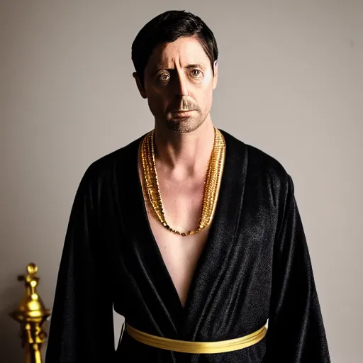 Prompt: mathew goode wearing black robe and golden necklace cinematic photoshoot high quality highly affordable photo realistic 8 k hd