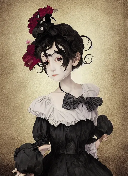 Image similar to Lowbrow pop surrealist Gothic Lolita digital art, painted by Julia Heffernan, Élisabeth Louise Vigée Le Brun, Studio Ghibli, realistic hair, artstation trend, high quality printing, fine art with subtle redshift rendering