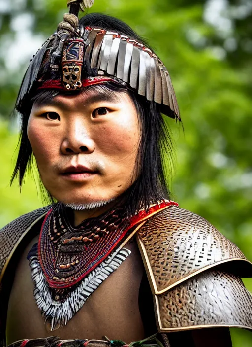 Image similar to tai warlord, closeup portrait, historical, ethnic group, traditional tai costume, bronze headset, leather shoulder armor, fantasy in