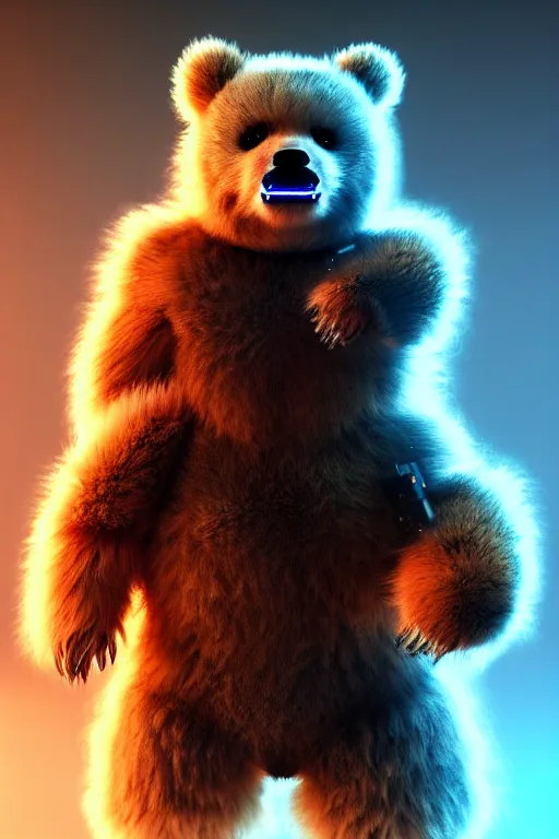 Image similar to high quality 3 d render very cute fluffy cyborg!! bear! plays huge electric guitar, cyberpunk highly detailed, unreal engine cinematic smooth, in the style of blade runner & detective pikachu, hannah yata charlie immer, moody light, low angle, uhd 8 k, sharp focus