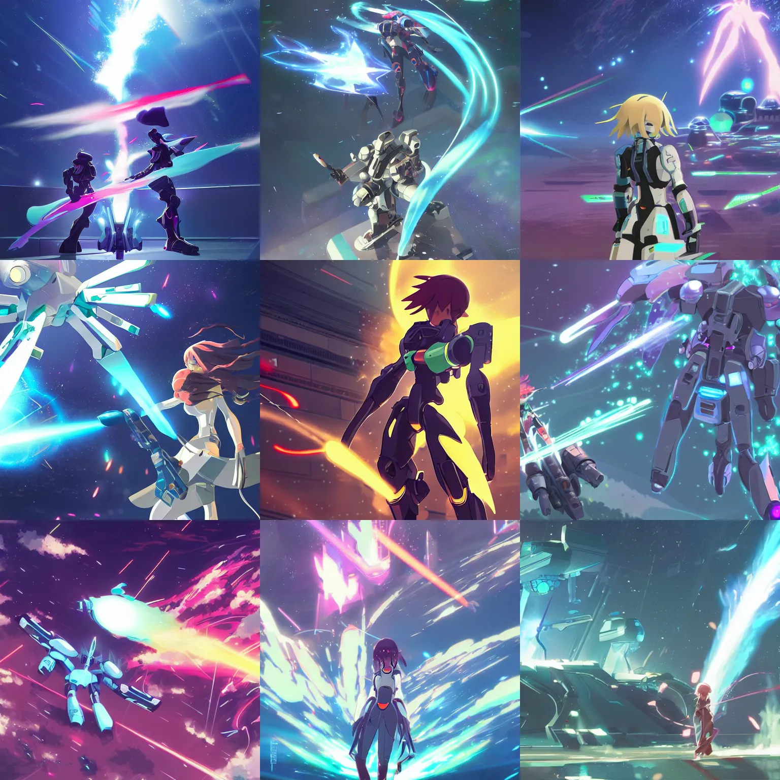 Prompt: galactic mech fights, lasers and plasma splash by makoto shinkai and hidari and wlop