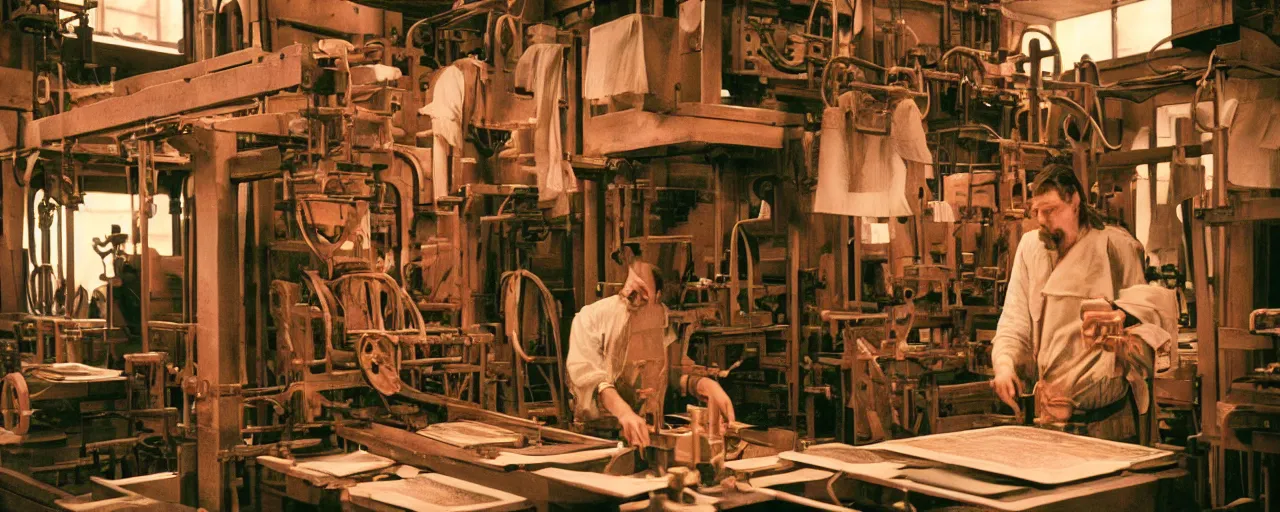 Prompt: the invention of the printing press using spaghetti, small details, intricate, canon 8 0 mm, cinematic lighting, wes anderson film, kodachrome