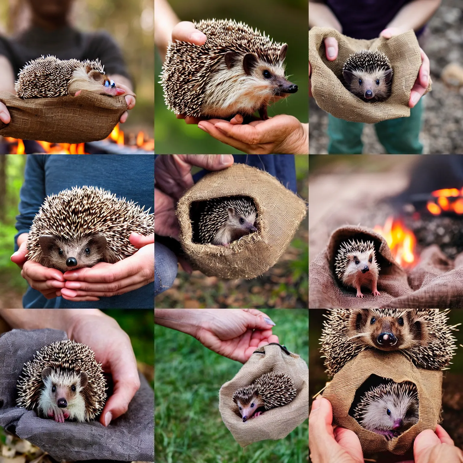 Prompt: hedgehog in a burlap bag being held by human hands, hyper realistic, photography, campfire in background