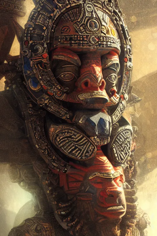 Image similar to aztec god, close - up portrait, powerfull, intricate, elegant, volumetric lighting, scenery, digital painting, highly detailed, artstation, sharp focus, illustration, concept art, ruan jia, steve mccurry