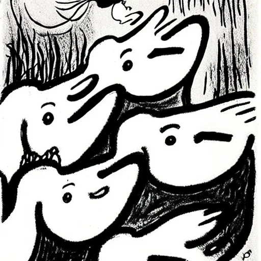 Prompt: moomins, ink, by tove jansson